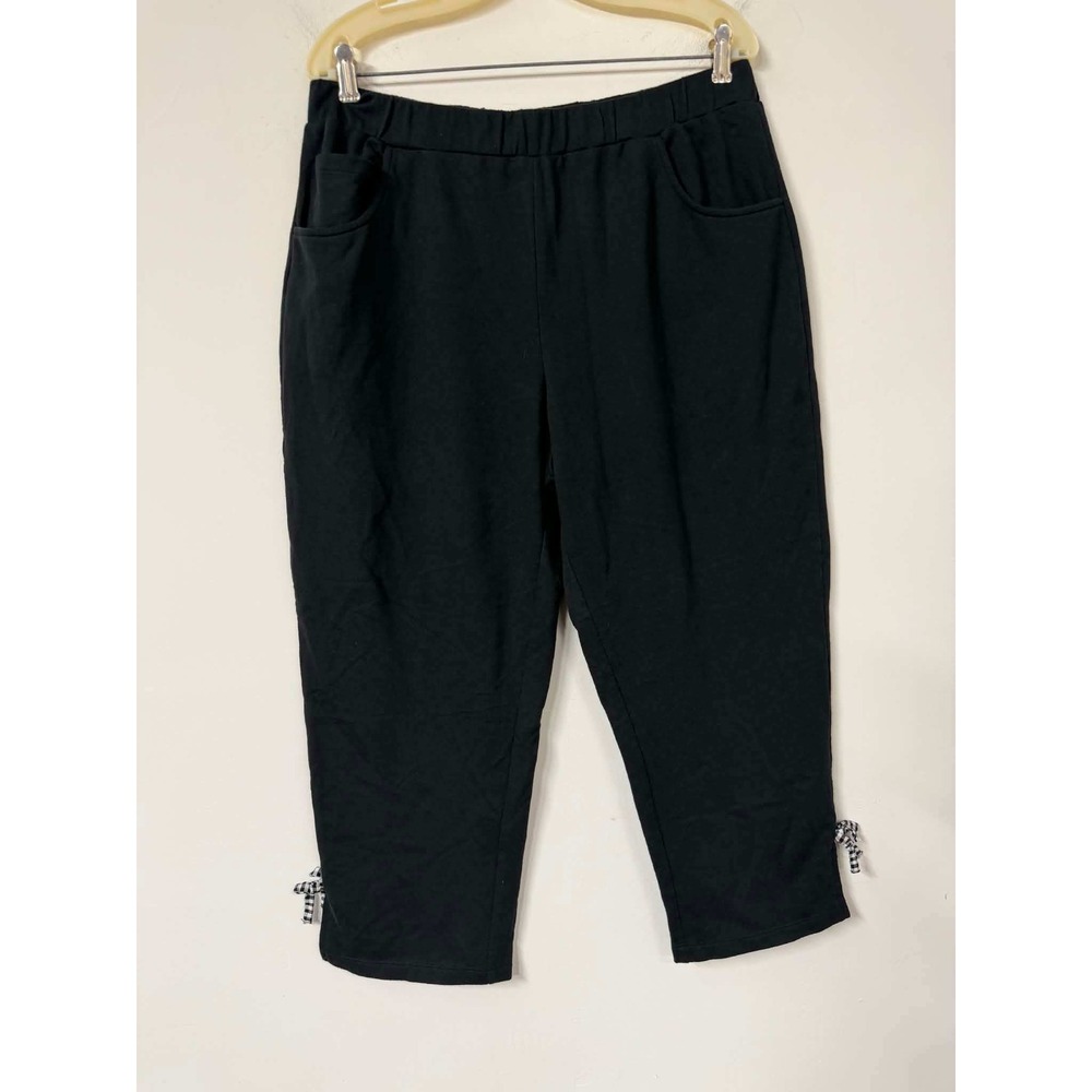 Quacker Factory Womens L Black Capri Pants Gingham Bow Hem Pull On Knit Pockets